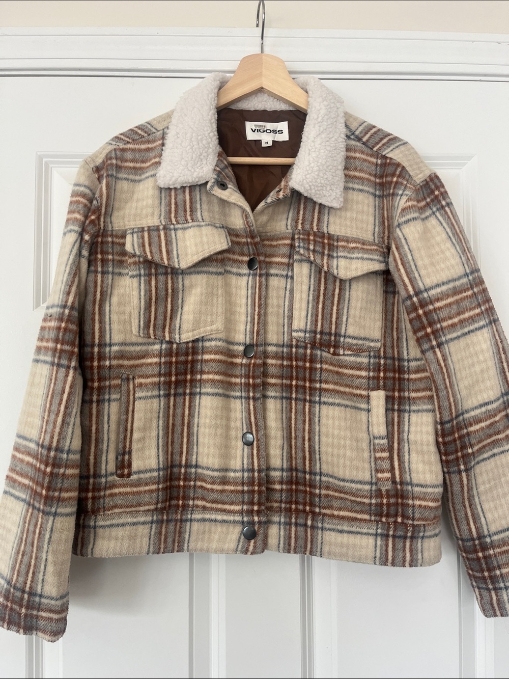 Vigoss Cream Plaid Sherpa Collar Jacket with Brown Accents